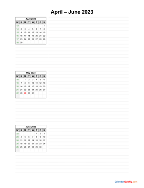 April to June 2023 Calendar with Notes