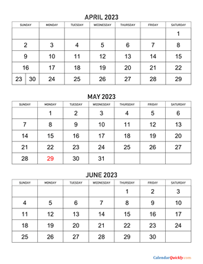 April to June 2023 Calendar Vertical
