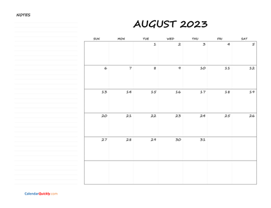August Blank Calendar 2023 with Notes
