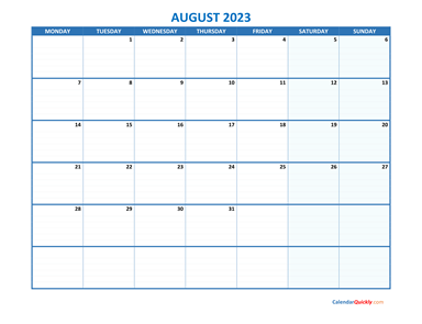 August Monday 2023 Blank Calendar