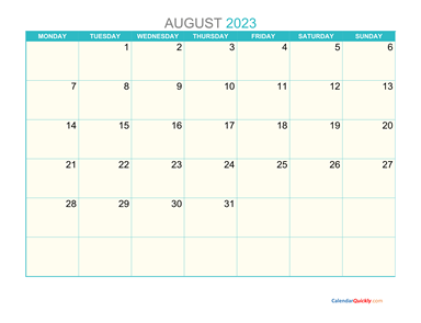 August Monday 2023 Calendar Printable