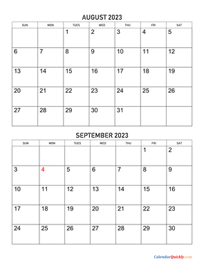 August and September 2023 Calendar Vertical