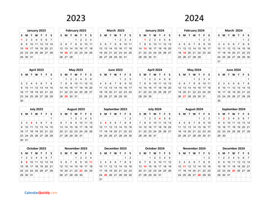 Calendar 2023 and 2024 on One Page