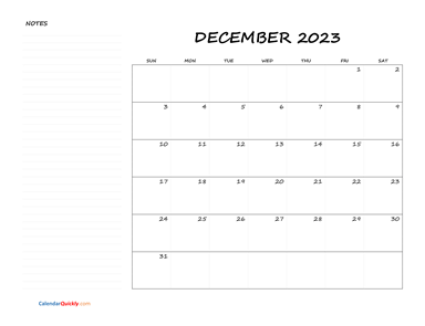December Blank Calendar 2023 with Notes