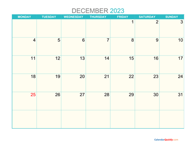 December Monday 2023 Calendar Printable