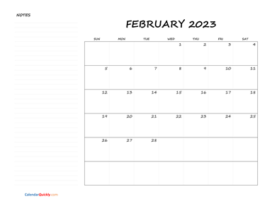 February Blank Calendar 2023 with Notes