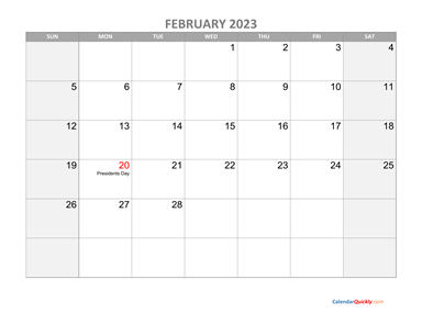 February Calendar 2023 with Holidays