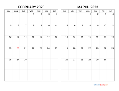 February and March 2023 Calendar Horizontal