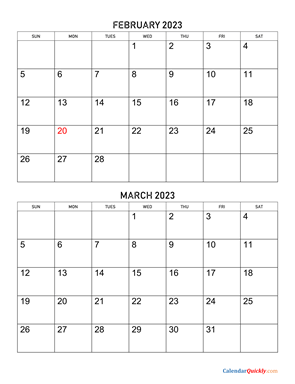 February and March 2023 Calendar Vertical