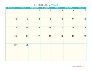 February Monday 2023 Calendar Printable