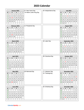 Holidays Calendar 2023 Vertical