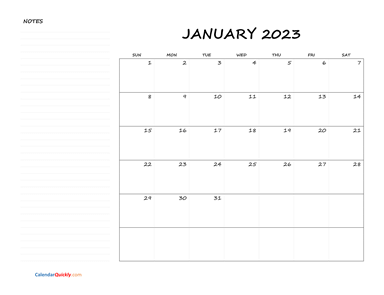 January Blank Calendar 2023 with Notes