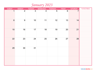 January Calendar 2023 with Notes