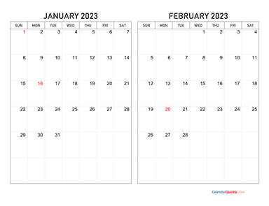 January and February 2023 Calendar Horizontal