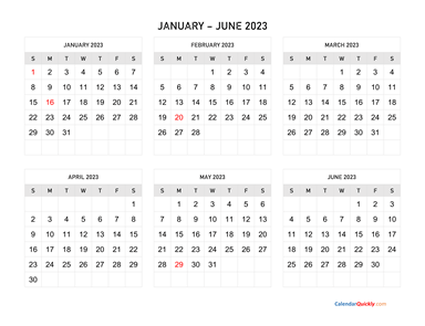 January to June 2023 Calendar Horizontal