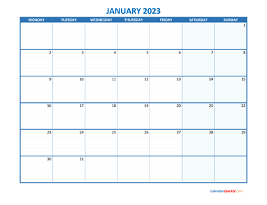 January Monday 2023 Blank Calendar