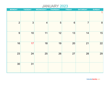 January Monday 2023 Calendar Printable