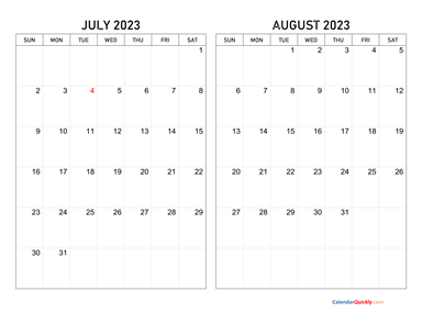 July and August 2023 Calendar Horizontal