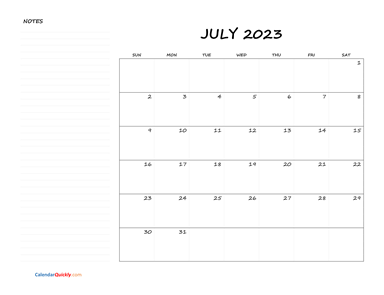 July Blank Calendar 2023 with Notes