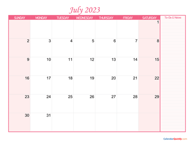 July Calendar 2023 with Notes