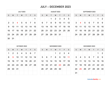 July to December 2023 Calendar Horizontal