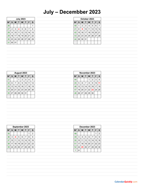 July to December 2023 Calendar Vertical