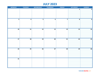 July Monday 2023 Blank Calendar
