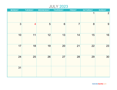 July Monday 2023 Calendar Printable