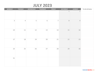 July Monday Calendar 2023 with Notes