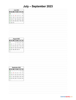 July to September 2023 Calendar with Notes