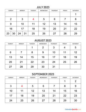 July to September 2023 Calendar Vertical