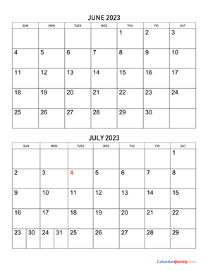 June and July 2023 Calendar Vertical