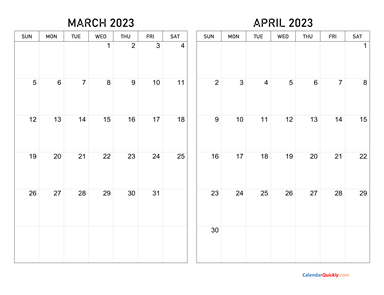 March and April 2023 Calendar Horizontal