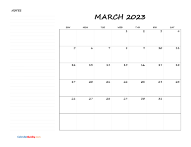 March Blank Calendar 2023 with Notes