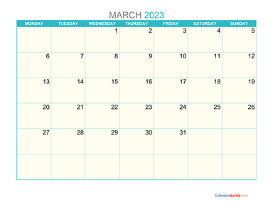 March Monday 2023 Calendar Printable