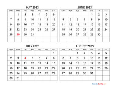 May to August 2023 Calendar