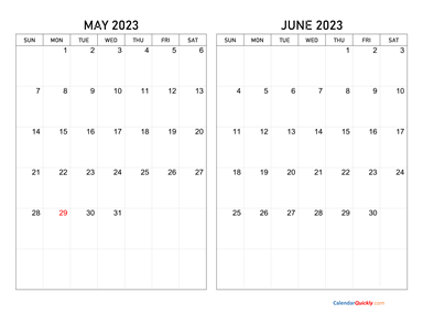 May and June 2023 Calendar Horizontal