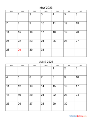 May and June 2023 Calendar Vertical