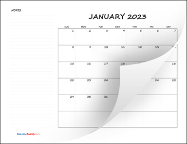Monthly Blank Calendar 2023 with Notes