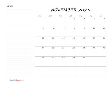 November Blank Calendar 2023 with Notes