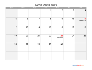 November Calendar 2023 with Holidays