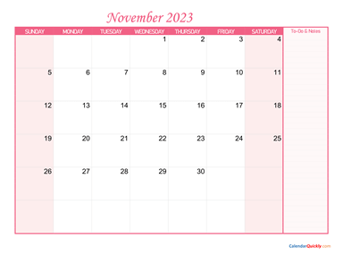 November Calendar 2023 with Notes
