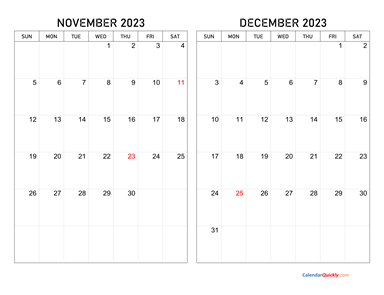 November and December 2023 Calendar Horizontal