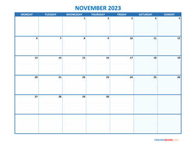November Monday 2023 Blank Calendar