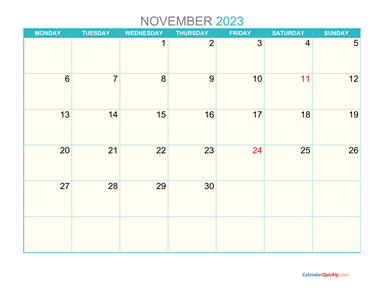 November Monday 2023 Calendar Printable