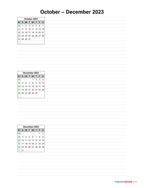 October to December 2023 Calendar with Notes