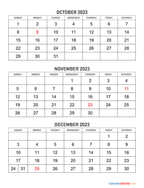 October to December 2023 Calendar Vertical