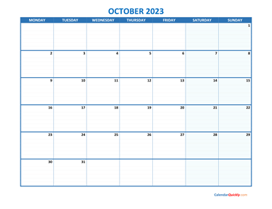October Monday 2023 Blank Calendar