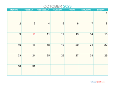 October Monday 2023 Calendar Printable