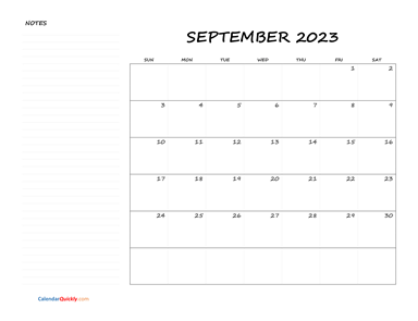 September Blank Calendar 2023 with Notes